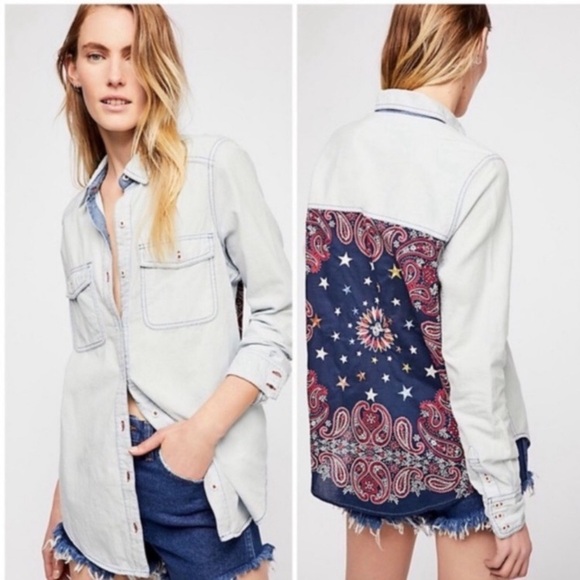 Free People Tops - FREE PEOPLE Bandana Bandit Button up Chambray Shirt